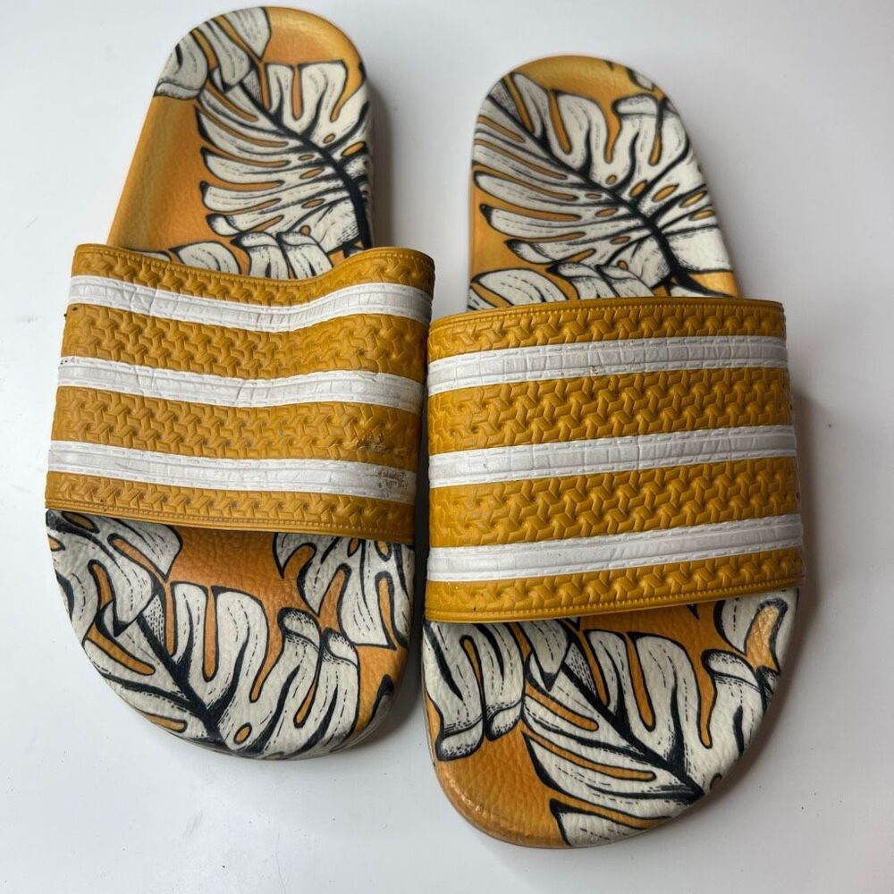 Adidas Adilette Slide Sandals Size White Yellow Tropical Palm Leaf Monstera